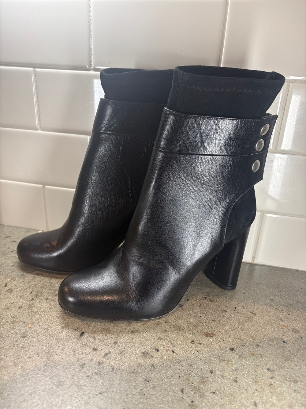 IRO Black Leather & Suede Ankle Boots Size 37 Block Heel